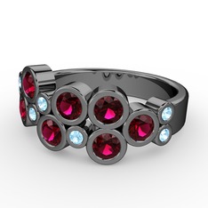 Karma Yüzük - Rodolit garnet ve akuamarin 925 ayar siyah rodyum kaplama gümüş yüzük #j43wpk