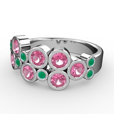 Karma Yüzük - Pembe kuvars ve kök zümrüt 18 ayar beyaz altın yüzük #mj48t7