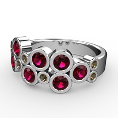 Karma Yüzük - Rodolit garnet ve dumanlı kuvars 8 ayar beyaz altın yüzük #svuhjy