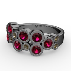 Karma Yüzük - Rodolit garnet ve dumanlı kuvars 925 ayar siyah rodyum kaplama gümüş yüzük #zxabmz