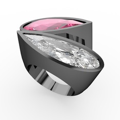 İkili Yaşam Yüzük - Pembe kuvars ve swarovski 925 ayar siyah rodyum kaplama gümüş yüzük #11ygei4