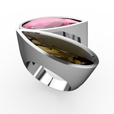 Pembe kuvars ve dumanlı kuvars 14 ayar beyaz altın yüzük