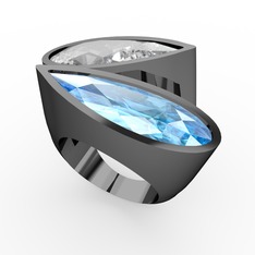 İkili Yaşam Yüzük - Swarovski ve akuamarin 925 ayar siyah rodyum kaplama gümüş yüzük #1rnaowt