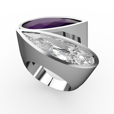 İkili Yaşam Yüzük - Ametist ve beyaz zirkon 18 ayar beyaz altın yüzük #1y578fh