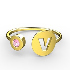 v Harfli Taşlı Yüzük - Pembe kuvars 925 ayar altın kaplama gümüş yüzük #irxbfs