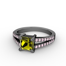 Mida Tektaş Yüzük - Peridot ve pembe kuvars 925 ayar siyah rodyum kaplama gümüş yüzük #137e41h