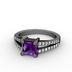 Mida Tektaş Yüzük - Ametist ve beyaz zirkon 925 ayar siyah rodyum kaplama gümüş yüzük #13wqpfr