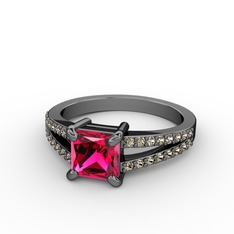 Mida Tektaş Yüzük - Rodolit garnet ve dumanlı kuvars 925 ayar siyah rodyum kaplama gümüş yüzük #13y0jfn