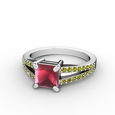 Mida Tektaş Yüzük - Kök yakut ve peridot 18 ayar beyaz altın yüzük #16699s0