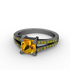 Mida Tektaş Yüzük - Sitrin ve peridot 925 ayar siyah rodyum kaplama gümüş yüzük #16cs2v0