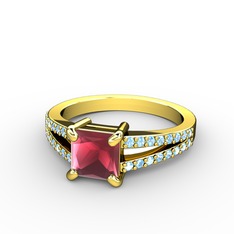 Mida Tektaş Yüzük - Kök yakut ve akuamarin 14 ayar altın yüzük #175mmxk