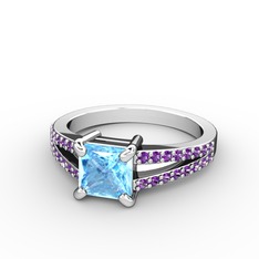 Mida Tektaş Yüzük - Akuamarin ve ametist 8 ayar beyaz altın yüzük #19gtvhz