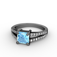 Mida Tektaş Yüzük - Akuamarin ve swarovski 925 ayar siyah rodyum kaplama gümüş yüzük #1d0p5ca