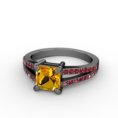 Mida Tektaş Yüzük - Sitrin ve garnet 925 ayar siyah rodyum kaplama gümüş yüzük #1dh9jkh