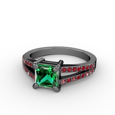 Mida Tektaş Yüzük - Yeşil kuvars ve garnet 925 ayar siyah rodyum kaplama gümüş yüzük #1fecmnp