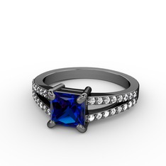 Mida Tektaş Yüzük - Lab safir ve swarovski 925 ayar siyah rodyum kaplama gümüş yüzük #1gzj3ry