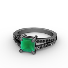 Mida Tektaş Yüzük - Kök zümrüt ve siyah zirkon 925 ayar siyah rodyum kaplama gümüş yüzük #1l9or1v