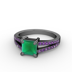 Mida Tektaş Yüzük - Kök zümrüt ve ametist 925 ayar siyah rodyum kaplama gümüş yüzük #1ssan9p