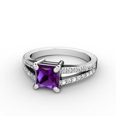 Mida Tektaş Yüzük - Ametist ve swarovski 14 ayar beyaz altın yüzük #1uvra90