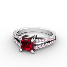 Mida Tektaş Yüzük - Garnet ve pembe kuvars 18 ayar beyaz altın yüzük #1uyyzu7