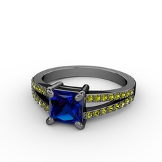 Lab safir ve peridot 925 ayar siyah rodyum kaplama gümüş yüzük