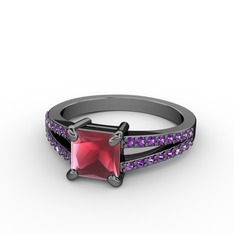 Mida Tektaş Yüzük - Kök yakut ve ametist 925 ayar siyah rodyum kaplama gümüş yüzük #1x4td8h