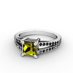 Peridot ve siyah zirkon 8 ayar beyaz altın yüzük