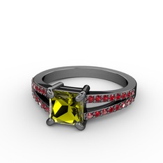 Mida Tektaş Yüzük - Peridot ve garnet 925 ayar siyah rodyum kaplama gümüş yüzük #3476qu