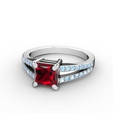 Garnet ve akuamarin 14 ayar beyaz altın yüzük