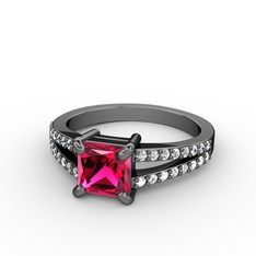 Mida Tektaş Yüzük - Rodolit garnet ve swarovski 925 ayar siyah rodyum kaplama gümüş yüzük #59imtx