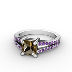 Mida Tektaş Yüzük - Dumanlı kuvars ve ametist 8 ayar beyaz altın yüzük #8s0we5