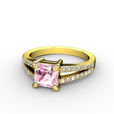 Pembe kuvars ve beyaz zirkon 8 ayar altın yüzük