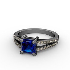 Mida Tektaş Yüzük - Lab safir ve dumanlı kuvars 925 ayar siyah rodyum kaplama gümüş yüzük #9za7xk