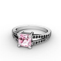 Mida Tektaş Yüzük - Pembe kuvars ve siyah zirkon 18 ayar beyaz altın yüzük #h9463i