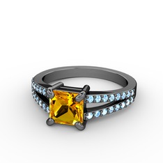 Mida Tektaş Yüzük - Sitrin ve akuamarin 925 ayar siyah rodyum kaplama gümüş yüzük #koukmf