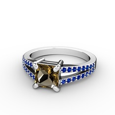 Mida Tektaş Yüzük - Dumanlı kuvars ve lab safir 14 ayar beyaz altın yüzük #l2704t