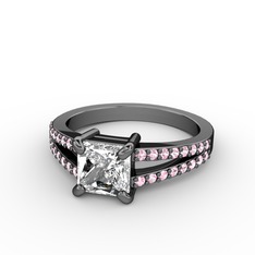 Mida Tektaş Yüzük - Swarovski ve pembe kuvars 925 ayar siyah rodyum kaplama gümüş yüzük #mpw2ga