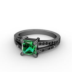 Mida Tektaş Yüzük - Yeşil kuvars ve siyah zirkon 925 ayar siyah rodyum kaplama gümüş yüzük #o2sdmu