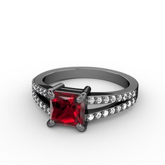 Mida Tektaş Yüzük - Garnet ve beyaz zirkon 925 ayar siyah rodyum kaplama gümüş yüzük #t2rxsg