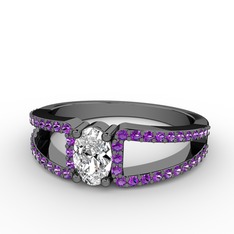 Mimoza Yüzük - Swarovski ve ametist 925 ayar siyah rodyum kaplama gümüş yüzük #129ud5