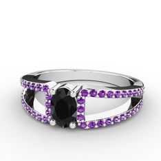 Siyah zirkon ve ametist 14 ayar beyaz altın yüzük