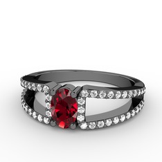 Garnet ve pırlanta 925 ayar siyah rodyum kaplama gümüş yüzük (0.44 karat)