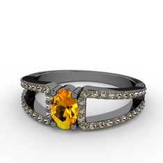 Mimoza Yüzük - Sitrin ve dumanlı kuvars 925 ayar siyah rodyum kaplama gümüş yüzük #16yvksx