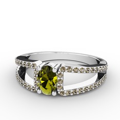 Peridot ve dumanlı kuvars 8 ayar beyaz altın yüzük