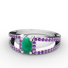 Mimoza Yüzük - Kök zümrüt ve ametist 8 ayar beyaz altın yüzük #1q6djg2