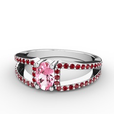 Pembe kuvars ve garnet 14 ayar beyaz altın yüzük