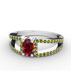 Garnet ve peridot 8 ayar beyaz altın yüzük