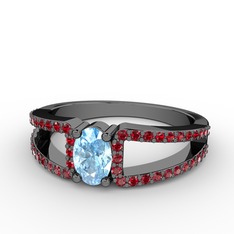 Mimoza Yüzük - Akuamarin ve garnet 925 ayar siyah rodyum kaplama gümüş yüzük #w3wod2