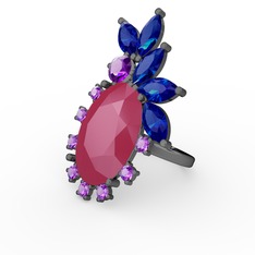 Arinna Yüzük - Neon pembe akrilik, lab safir ve ametist 925 ayar siyah rodyum kaplama gümüş yüzük #13fdn2t