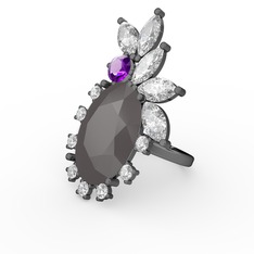 Arinna Yüzük - Füme akrilik, swarovski ve ametist 925 ayar siyah rodyum kaplama gümüş yüzük #1535ldp